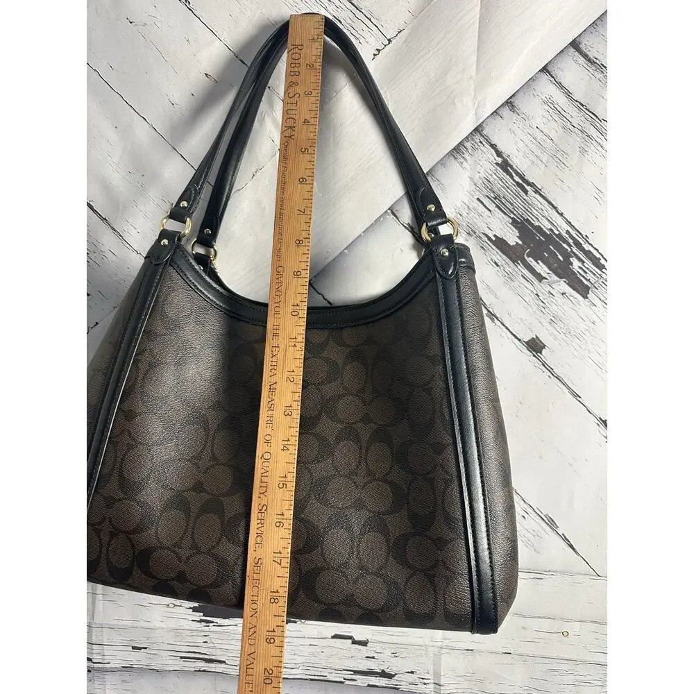 Coach Kristy Shoulder Bag Signature Canvas Brown Canvas Black Leather Trim